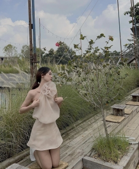 Đầm oganza yếm hoa cổ